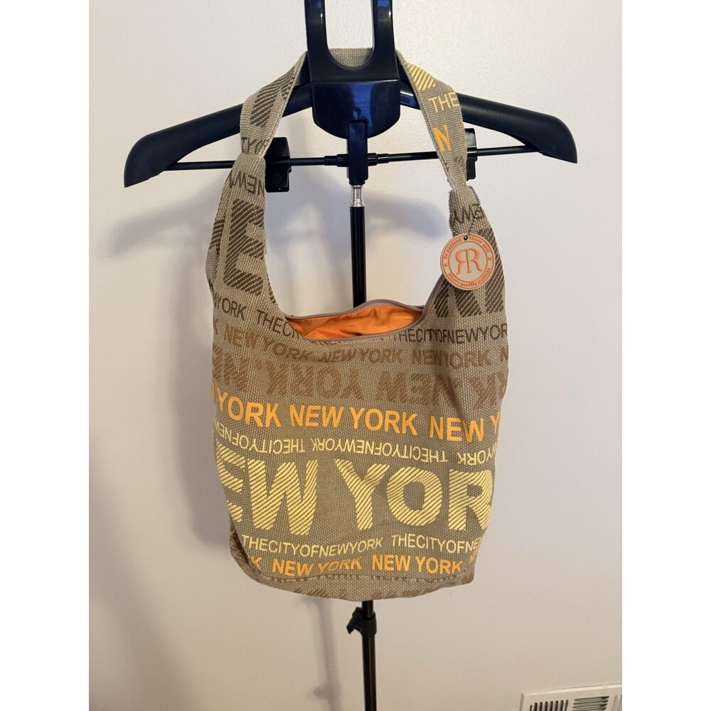 Robin Ruth New York Text Shoulder Bag Zip Top Lined Inner Pockets Beige/Orange